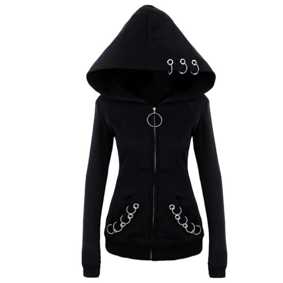 GSB‎ Women’s NWT Black Goth Full Zip Hooded Ring Softshell Sweatshirt XL/C42 - Picture 5 of 11